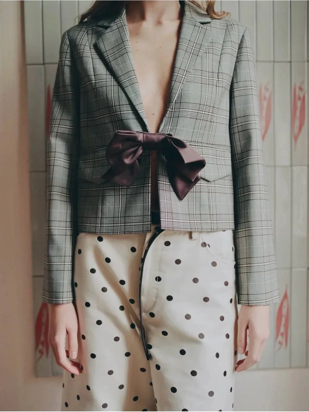 Baum und pferdgarten Cropped Gray Plaid Blazer with Brown Satin Bow Accent